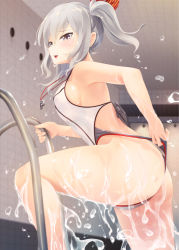 Rule 34 | 10s, 1girl, adjusting clothes, adjusting swimsuit, alternate costume, amekosame, ass, breasts, brown eyes, competition swimsuit, dripping, hair ribbon, kantai collection, kashima (kancolle), one-piece swimsuit, pool, pool ladder, ribbon, sideboob, sidelocks, silver hair, solo, swimsuit, twintails, water, wet, whistle