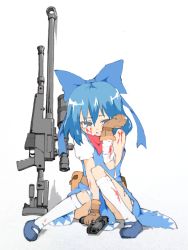 Rule 34 | 1girl, absurdres, anti-materiel rifle, bandages, blood, blood on clothes, blood on face, blue dress, blue eyes, blue hair, bolt action, bow, cirno, crying, crying with eyes open, dress, fingerless gloves, glock, gloves, gun, hair bow, handgun, highres, ice, ice wings, lunavivienne, matching hair/eyes, open mouth, pgm hecate ii, pistol, ribbon, rifle, ru bibi, scarf, short hair, sniper rifle, solo, tears, touhou, weapon, wings