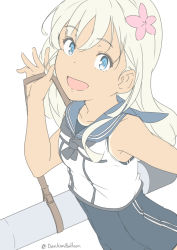 Rule 34 | 1girl, black neckerchief, blonde hair, blue eyes, blue sailor collar, flower, hair flower, hair ornament, kantai collection, long hair, looking at viewer, neckerchief, ninimo nimo, one-piece swimsuit, one-piece tan, ro-500 (kancolle), sailor collar, sailor shirt, school swimsuit, shirt, simple background, smile, solo, swimsuit, tan, tanline, torpedo, twitter username, upper body, white background