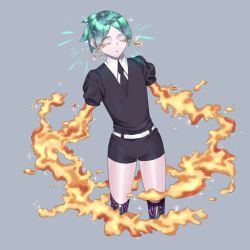Rule 34 | 1other, androgynous, artist request, bad id, bad pixiv id, colored eyelashes, crying, crystal hair, closed eyes, gem uniform (houseki no kuni), glowing, glowing hair, gold, golden arms, green hair, grey background, houseki no kuni, necktie, phosphophyllite, sad, short hair, solo, sparkle, spoilers, tears