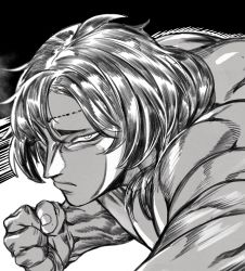 Rule 34 | 1boy, ahoge, clenched hand, fingernails, greyscale, hatching (texture), highres, kengan ashura, looking at viewer, male focus, monochrome, muscular, muscular male, solo, speed lines, upper body, urec, veins