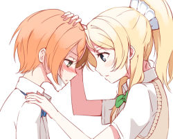 Rule 34 | 10s, 2girls, 2gold, ayase eli, bad id, bad pixiv id, blonde hair, blue eyes, blush, bow, fever, forehead-to-forehead, heads together, hoshizora rin, long hair, love live!, love live! school idol project, mask, mouth mask, multiple girls, nyoijizai, orange hair, ponytail, school uniform, short hair, surgical mask, yellow eyes