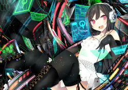 Rule 34 | 1girl, bare shoulders, benio (dontsugel), binary, black hair, black thighhighs, blush, boots, dress, elbow gloves, female focus, floating screen, garter straps, gloves, headphones, headset, highres, holographic monitor, knee boots, looking at viewer, nmaaaaa, open m/, open mouth, original, red eyes, short hair, smile, solo, thighhighs, white dress, zettai ryouiki