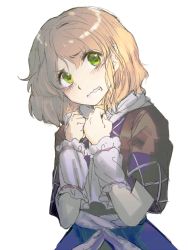 Rule 34 | 1girl, arm warmers, bad id, bad twitter id, blonde hair, blush, geppewi, green eyes, looking up, mizuhashi parsee, pointy ears, scarf, shirt, short hair, short sleeves, simple background, solo, touhou, wavy mouth, white background