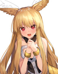 Rule 34 | 1girl, :d, afterimage, bare shoulders, blonde hair, commentary request, coyucom, detached collar, fate/grand order, fate (series), head wings, long hair, looking at viewer, open mouth, own hands together, red eyes, simple background, sketch, smile, solo, thrud (fate), upper body, valkyrie (fate), very long hair, white background, wings