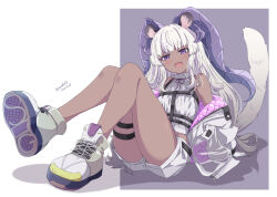 Rule 34 | 1girl, animal ears, dark-skinned female, dark skin, grey hair, highres, horns, jacket, kichihachi, knees up, long hair, looking at viewer, open clothes, open jacket, open mouth, project blue (vtuber), purple eyes, shirt, shoes, shorts, sitting, smile, solo, sugar glider (project blue), tail, thick eyebrows, thigh strap, virtual youtuber, white hair, white jacket, white shirt, white shorts
