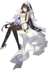 Rule 34 | 1girl, azur lane, black hair, black thighhighs, blush, bouquet, bow, detached collar, dress, flower, full body, garter straps, gloves, hair bow, hair flaps, high heels, highres, long dress, long hair, looking at viewer, nose blush, panties, parted lips, ponytail, shoes, sitting, solo, takao (azur lane), thighhighs, transparent background, underwear, veil, very long hair, wedding dress, white background, white bow, white footwear, white gloves, white panties, xiaohan6th, yellow eyes