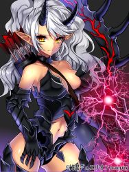 Rule 34 | 1girl, armor, arrow (projectile), bow (weapon), character request, electricity, gauntlets, grey hair, holding, holding weapon, horns, junketsu duelion, leotard, long hair, mataro (matarou), navel, pointy ears, smile, solo, strapless, weapon, yellow eyes