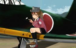 Rule 34 | 1girl, aircraft, aircraft request, airplane, annin musou, bad id, bad twitter id, black skirt, black socks, blue sky, brown hair, cloud, commentary request, day, hand on own face, japanese clothes, kantai collection, kariginu, kneehighs, magatama, outdoors, platform footwear, pleated skirt, ryuujou (kancolle), shikigami, sitting, skirt, sky, smile, socks, solo, twintails, vehicle focus, visor cap