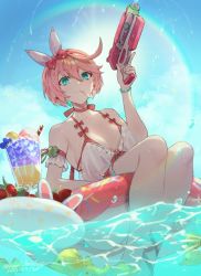 Rule 34 | 1girl, 6+others, blue eyes, bow, bracelet, candy, drink, elphelt valentine, fish, food, guilty gear, guilty gear xrd, hair bow, holding, holding water gun, jewelry, lollipop, multiple others, pink hair, rainbow, sky, surgeonfish, swimsuit, tropical fish, water gun, youmicitrustea