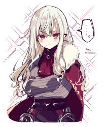Rule 34 | ..., 1girl, absurdres, ascot, black skirt, blush, breasts, brooch, cape, closed mouth, eyebrows hidden by hair, fur-trimmed cape, fur trim, genderswap, genderswap (mtf), grey shirt, hair between eyes, highres, jewelry, kuzuha (nijisanji), long hair, looking at viewer, medium breasts, nijisanji, pointy ears, red ascot, red cape, red eyes, shirt, signature, silver hair, simple background, skirt, sofra, solo, sparkle background, spoken ellipsis, striped clothes, striped shirt, twitter username, vertical-striped clothes, vertical-striped shirt, very long hair, virtual youtuber, white background