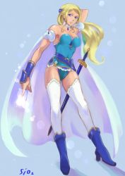 Rule 34 | 1girl, blonde hair, blue eyes, breasts, cape, celes chere, cleavage, commentary request, final fantasy, final fantasy vi, green leotard, highleg, highleg leotard, leotard, long hair, looking at viewer, sio2 (nisankakeiso), solo, strapless, strapless leotard, sword, weapon