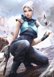 Rule 34 | 1girl, armor, black gloves, blue eyes, boots, cheesewoo, facing viewer, fingerless gloves, foot out of frame, gloves, gun, highres, holding, holding gun, holding weapon, jett (valorant), knife, lips, looking to the side, pants, shoulder armor, sleeveless, solo, squatting, valorant, weapon, white hair