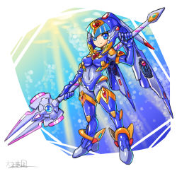 Rule 34 | 1girl, adapted costume, android, blue eyes, blue gloves, bodysuit, boots, breasts, capcom, covered navel, elbow gloves, full body, gloves, helmet, highres, holding, large breasts, fairy leviathan (mega man), mega man (series), mega man zero (series), oomasa teikoku, polearm, signature, skin tight, solo, spear, standing, thigh boots, thighhighs, weapon