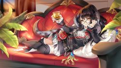Rule 34 | 1girl, absurdres, au ra, belt, black hair, blurry, blurry foreground, boots, closed mouth, commission, dragon horns, dragon tail, drink, final fantasy, final fantasy xiv, fingernails, glasses, highres, horns, indoors, ling (doraling12), lips, long fingernails, long hair, looking at viewer, lying, md5 mismatch, on side, plant, ponytail, red mage (final fantasy), resolution mismatch, scales, smile, solo, source smaller, sylvie clos, tail, thigh boots, thighhighs, yellow eyes