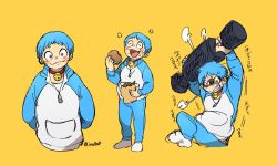 Rule 34 | 1boy, bell, blue hair, character sheet, collar, doraemon, doraemon (character), dorayaki, facial mark, food, food on face, full body, highres, inahara, jacket, male focus, neck bell, nuclear weapon, personification, pocket, simple background, smile, twitter username, wagashi, weights, whisker markings, yellow background, zipper pull tab