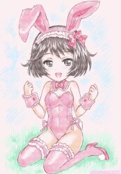 Rule 34 | 1girl, :d, absurdres, animal ears, artist name, ass, bare shoulders, black eyes, black hair, blue sky, blush, bob cut, bow, bowtie, breasts, chibi, cleavage, clenched hands, colored pencil (medium), commentary, covered navel, detached collar, fake animal ears, frilled hairband, frilled thighhighs, frills, full body, girls und panzer, grass, groin, hairband, high heels, highres, kuromori yako, leotard, looking at viewer, on ground, open mouth, paper texture, pink bow, pink bowtie, pink hairband, pink leotard, pink thighhighs, playboy bunny, pom pom (clothes), rabbit ears, rabbit tail, red footwear, shoes, short hair, sitting, sketch, sky, sleeveless, small breasts, smile, solo, strapless, strapless leotard, tail, thighhighs, traditional media, translated, utsugi yuuki, w arms, wariza, wrist cuffs