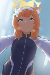 Rule 34 | 1girl, animal ear fluff, animal ears, blue archive, blue eyes, blurry, blurry background, erogomatinpo, flower, from below, hair flower, hair ornament, hairband, halo, highres, jacket, long hair, long sleeves, looking at viewer, mari (blue archive), mari (track) (blue archive), orange hair, parted lips, solo, sweat, teeth, track jacket, white hairband
