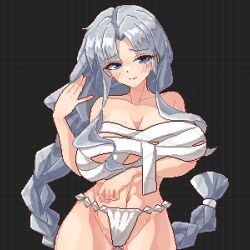 Rule 34 | 1girl, black background, blue eyes, blush, braid, braided ponytail, breasts, chest sarashi, cleavage, closed mouth, commentary, eaglov, fundoshi, grey hair, highres, huge breasts, japanese clothes, long hair, looking at viewer, pixel art, sarashi, simple background, smile, touhou, two-tone dress, variant set, very long hair, yagokoro eirin