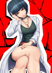Rule 34 | 10s, 1girl, black hair, breasts, brown hair, collar, collarbone, highres, jewelry, lab coat, legs, crossed legs, lips, looking at viewer, medium breasts, necklace, persona, persona 5, ponponmaru, sitting, solo, studded collar, takemi tae, thighs