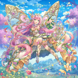 Rule 34 | 1girl, blue sky, breasts, cenia, cleavage, copyright name, detached sleeves, flower, green eyes, long hair, looking at viewer, official art, open mouth, pink hair, sky, solo, teeth, upper teeth only, valkyrie connect, white footwear, wings, yeonwa