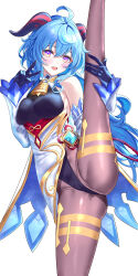 Rule 34 | 1girl, absurdres, ahoge, bare shoulders, bell, black leotard, black pantyhose, blue gloves, blue hair, blush, bodystocking, bodysuit, breasts, cameltoe, clothing aside, detached sleeves, ganyu (genshin impact), genshin impact, gloves, gold trim, groin, highres, holding, horns, leg lift, leg up, leotard, leotard under clothes, long hair, looking at viewer, medium breasts, neck bell, open mouth, pantyhose, pelvic curtain, pelvic curtain aside, purple eyes, sidelocks, smile, solo, split, standing, standing on one leg, standing split, thighlet, thighs, v, vision (genshin impact), waist cape, white background, white sleeves, zea (zeamilky)