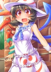 Rule 34 | 1girl, :d, alternate costume, asymmetrical wings, bare shoulders, black hair, blush, brick wall, contemporary, dress, fang, female focus, fun bo, holding, houjuu nue, open mouth, red eyes, short hair, smile, solo, touhou, wings, wrist cuffs