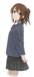Rule 34 | absurdres, arms behind back, black skirt, blazer, bow, bowtie, brown eyes, brown hair, buttons, cropped legs, epitaph (1122), grey jacket, hair between eyes, hair ornament, hairclip, highres, idolmaster, idolmaster million live!, jacket, kasuga mirai, light blush, long sleeves, looking back, medium hair, own hands together, pleated skirt, pocket, red bow, red bowtie, school uniform, shirt, side ponytail, sidelocks, simple background, skirt, smile, solo, thighs, weapon, white background, white shirt, wing collar
