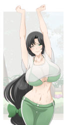 Rule 34 | 1girl, abs, black hair, blush, breasts, green eyes, highres, large breasts, long hair, one eye closed, original, ponytail, see-through, see-through shirt, solo, stretching, very long hair, wah-ngt