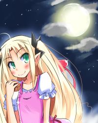 Rule 34 | astarotte ygvar, bad id, bad pixiv id, blonde hair, casual, eating, green eyes, hua (hua113), long hair, lotte no omocha!, moon, mooncake, pointy ears, solo, twintails
