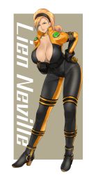 Rule 34 | 1girl, absurdres, anagumasan, black bodysuit, black gloves, black hairband, blonde hair, blush, bodysuit, breasts, character name, choker, cleavage, curly hair, dark skin, full body, gloves, hair pulled back, hairband, highres, kof: maximum impact, large breasts, lien neville, no bra, solo, the king of fighters, two-tone bodysuit, two-tone gloves, unzipped, yellow bodysuit, yellow choker, yellow gloves