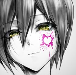 Rule 34 | 1boy, black hair, blood, blood on face, brown eyes, close-up, commentary request, danganronpa (series), danganronpa v3: killing harmony, goto (sep), grey background, hair between eyes, head, heart, male focus, pink blood, saihara shuichi, short hair, solo, spot color
