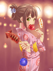 Rule 34 | 1girl, ahoge, artist name, blurry, bokeh, brown hair, candy apple, cowboy shot, dated, depth of field, earrings, fingernails, floral print, flower, folded ponytail, food, food in mouth, from side, green eyes, hair flower, hair ornament, highres, holding, ikayaki, japanese clothes, jewelry, kimono, looking at viewer, obi, sound effects, original, pink background, pink kimono, pizza man, sash, solo, speech bubble, squid, stud earrings, water yoyo, yukata