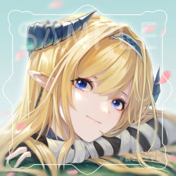 Rule 34 | 1girl, arknights, bad id, bad pixiv id, blonde hair, blue eyes, blue hairband, commentary request, fingerless gloves, gloves, hairband, head tilt, horns, lingyi-01, long hair, looking at viewer, pointy ears, saileach (arknights), smile, solo