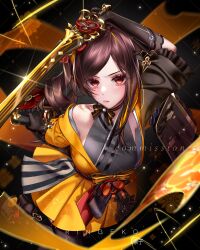Rule 34 | 1girl, absurdres, arm up, black gloves, brown hair, chiori (genshin impact), commentary, commission, genshin impact, gloves, grey kimono, highres, holding, holding sword, holding weapon, japanese clothes, katana, kimono, long hair, miniskirt, off shoulder, pleated skirt, ringeko-chan, single bare shoulder, skirt, solo, sword, weapon, yellow skirt