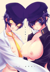Rule 34 | 2girls, alternate breast size, atlus, blue eyes, blue hair, breasts, cabbie hat, cleavage, crossdressing, dual persona, expressionless, flat chest, hat, hug, huge breasts, jacket, lab coat, large breasts, looking at viewer, multiple girls, necktie, nipples, open clothes, open mouth, open shirt, persona, persona 4, sakurasawa yukino, shadow (persona), shirogane naoto, shirt, short hair, small breasts, smile, topless male, vampire, yellow eyes