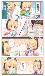 Rule 34 | !, !!, &gt; &lt;, 2girls, 5koma, animal ear headphones, animal ears, araki495, blonde hair, blue archive, blue necktie, blush, bow, cat ear headphones, cat tail, closed eyes, closed mouth, collared shirt, comic, commentary request, cup, drawing tablet, dress shirt, drink, drinking, fake animal ears, fake tail, flying sweatdrops, green bow, green eyes, green halo, hair bow, halo, headphones, highres, holding, holding cup, hot chocolate, jacket, long sleeves, low-tied sidelocks, midori (blue archive), momoi (blue archive), multiple girls, necktie, open mouth, parted lips, pink eyes, pink halo, red bow, shirt, short hair, short necktie, siblings, sisters, sound effects, speech bubble, suspenders, tail, tail bow, tail ornament, thought bubble, translation request, white jacket, white shirt, wide sleeves