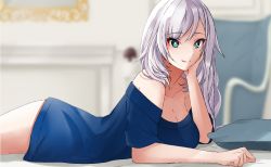 1girl, alternate costume, aqua eyes, bangs, blanc (studio artblock), blue shirt, blurry, blurry background, breasts, cleavage, collarbone, commentary, english commentary, eyebrows visible through hair, hand on head, hololive, hololive indonesia, lying, no pants, off-shoulder shirt, off shoulder, on bed, on stomach, pavolia reine, shirt, silver hair, smile, solo, virtual youtuber