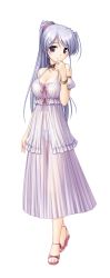 Rule 34 | 1girl, aiyoku no eustia, bare shoulders, bekkankou, blush, bracelet, claudia (aiyoku no eustia), collar, earrings, full body, hand on own chin, highres, jewelry, light purple hair, long hair, looking at viewer, night clothes, nightgown, panties, purple eyes, sandals, see-through, simple background, solo, standing, underwear, white background