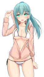 Rule 34 | 10s, 1girl, alternate costume, aqua eyes, aqua hair, bikini, bikini under clothes, blush, breasts, cleavage, commentary request, eyebrows, hair ornament, hairclip, hood, hoodie, jacket, kantai collection, large breasts, long hair, looking at viewer, micro bikini, navel, open mouth, ponytail, sideboob, simple background, smile, solo, standing, suzuya (kancolle), swimsuit, swimsuit under clothes, takeyuu, thighs, underboob, white background