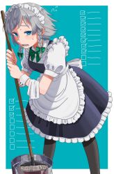 Rule 34 | 1girl, apron, black pantyhose, blue background, blue dress, blue eyes, bucket, buttons, collared shirt, commentary request, dress, exhausted, flying sweatdrops, frilled apron, frills, green ribbon, hair ribbon, highres, izayoi sakuya, looking at viewer, maid, maid apron, maid headdress, mop, neck ribbon, nishi kiyochika, open mouth, outside border, pantyhose, puffy short sleeves, puffy sleeves, ribbon, shirt, short hair, short sleeves, sidelocks, silver hair, solo, standing, sweatdrop, touhou, towel, tress ribbon, waist apron, white apron, wing collar, wrist cuffs