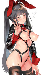 Rule 34 | 1girl, animal ears, black hair, black thighhighs, blush, breasts, cowboy shot, fake animal ears, highres, long hair, long sleeves, looking at viewer, magaeshi, mole, mole on breast, mole on thigh, navel, nipples, original, rabbit ears, rabbit tail, simple background, solo, tail, thighhighs, twintails, very long hair, w, white background, yellow eyes