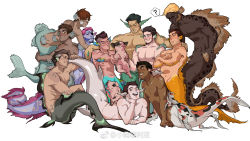 Rule 34 | 6+boys, abs, animal, animal ear request, animal on back, bara, beard, blonde hair, blush, colored skin, completely nude, crossed arms, dark-skinned male, dark skin, dolphin boy, eel boy, eyepatch, facial hair, fins, full body, goatee, head fins, highres, holding, holding animal, large pectorals, lying, male focus, mature male, merman, monster boy, multiple boys, muscular, muscular male, navel, nipples, nude, on stomach, original, pectoral lift, pectorals, pig, purple skin, short hair, sideburns, smile, stomach, toned, toned male, very dark skin, xiaolumiaoliya