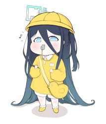 Rule 34 | 1girl, absurdly long hair, aged down, alternate costume, aris (blue archive), bag, black hair, bloomers, blowing whistle, blue archive, blue eyes, chibi, commentary request, dress, duck print, full body, hair between eyes, hair ornament, halo, handbag, hat, highres, kindergarten uniform, long hair, long sleeves, looking at viewer, musical note, one side up, puffy cheeks, school hat, short dress, sidelocks, simple background, solo, standing, underwear, very long hair, white background, yellow dress, yosik