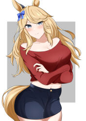 Rule 34 | 1girl, alternate costume, animal ears, arn7, bare shoulders, blonde hair, blue bow, blush, bow, breasts, cleavage, commentary request, cowboy shot, crop top, denim, denim skirt, gold city (umamusume), grey eyes, hair bow, highres, horse ears, large breasts, long hair, long sleeves, looking at viewer, midriff, navel, off-shoulder shirt, off shoulder, pencil skirt, red shirt, shirt, skirt, smile, solo, standing, swept bangs, tail, umamusume, very long hair