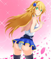 Rule 34 | 1girl, arc system works, ass, back, bare shoulders, black thighhighs, blazblue, blazblue: chronophantasma, blonde hair, blush, breasts, cherry blossoms, from behind, gloves, green eyes, hair ornament, hairclip, heart, long hair, looking at viewer, noel vermillion, panties, petals, shiny skin, sideboob, skirt, solo, thighhighs, uesbe, underwear, upskirt, white gloves, wind, wind lift