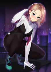 Rule 34 | 1girl, animification, arm support, asymmetrical hair, ballet slippers, blonde hair, blue eyes, blush, bodysuit, breasts, building, city, gwen stacy, highres, hood, hood down, hooded bodysuit, kagematsuri, light blush, looking at viewer, marvel, night, parted lips, rooftop, short hair, solo, spider-gwen, spider-man: into the spider-verse, spider-man (series), spider-verse, spider web print, squatting, superhero costume