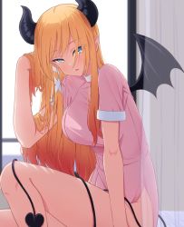 Rule 34 | 1girl, absurdres, bed, blonde hair, blue eyes, breasts, curtains, demon girl, demon horns, demon tail, demon wings, dress, from side, hair lift, hair over eyes, highres, hololive, horns, hospital bed, large breasts, loeldrive, long hair, looking at viewer, nurse, parted lips, pink dress, pointy ears, short sleeves, side slit, sitting, solo, tail, tail around own leg, very long hair, virtual youtuber, window, wings, yuzuki choco