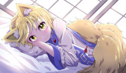 Rule 34 | 1girl, animal ear fluff, animal ears, blonde hair, blush, bright pupils, commentary request, dress, dutch angle, fox ears, fox tail, head on hand, head on pillow, highres, hiro (pqtks113), long sleeves, looking at viewer, lying, multiple tails, no headwear, on bed, on side, short hair, solo, swept bangs, tabard, tail, touhou, white dress, white pupils, window, yakumo ran, yellow eyes