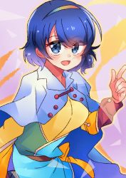 Rule 34 | 1girl, bad id, bad twitter id, blue eyes, blue hair, blush, cape, dress, hairband, happy, highres, long sleeves, looking at viewer, meimei (meimei89008309), multicolored clothes, multicolored dress, multicolored hairband, open mouth, pointing, rainbow gradient, short hair, tenkyuu chimata, touhou, unconnected marketeers